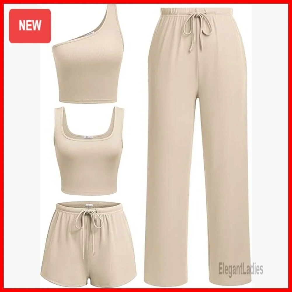 4 Piece Lounge Set Ribbed Knit Crop Tops Shorts Pants Casual Outfit